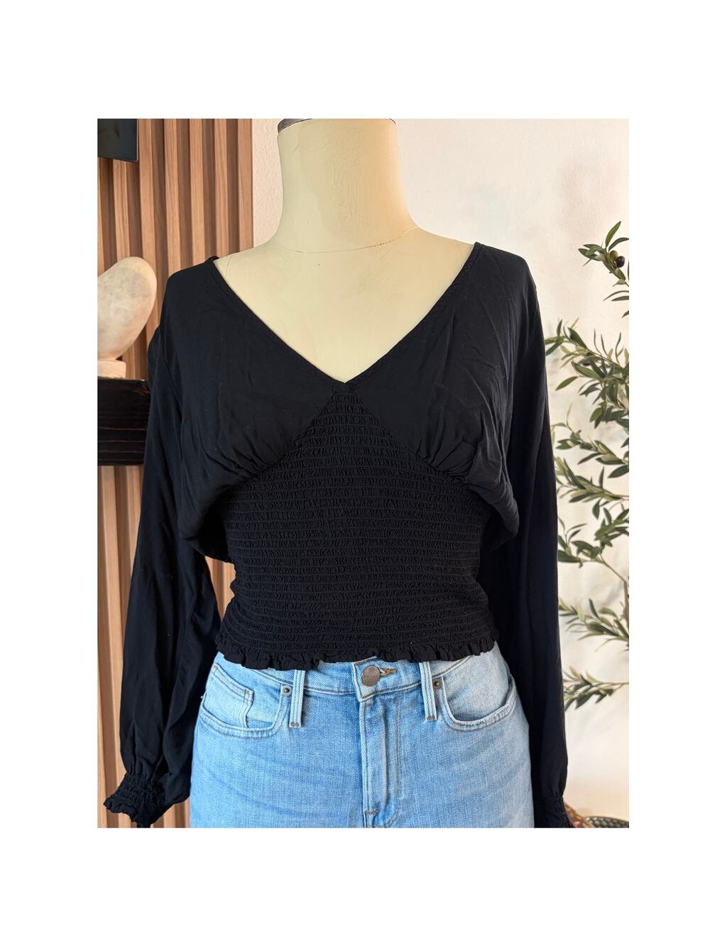 Cotton On Black Smocked Long Sleeve Crop Top Size 12 V-Neck Peasant Blouse
